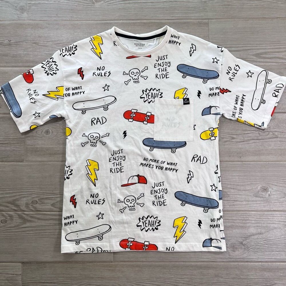 Reserved Eco Aware Short Sleeve Skate Printed White t-shirt Size S/M 100% Cotton